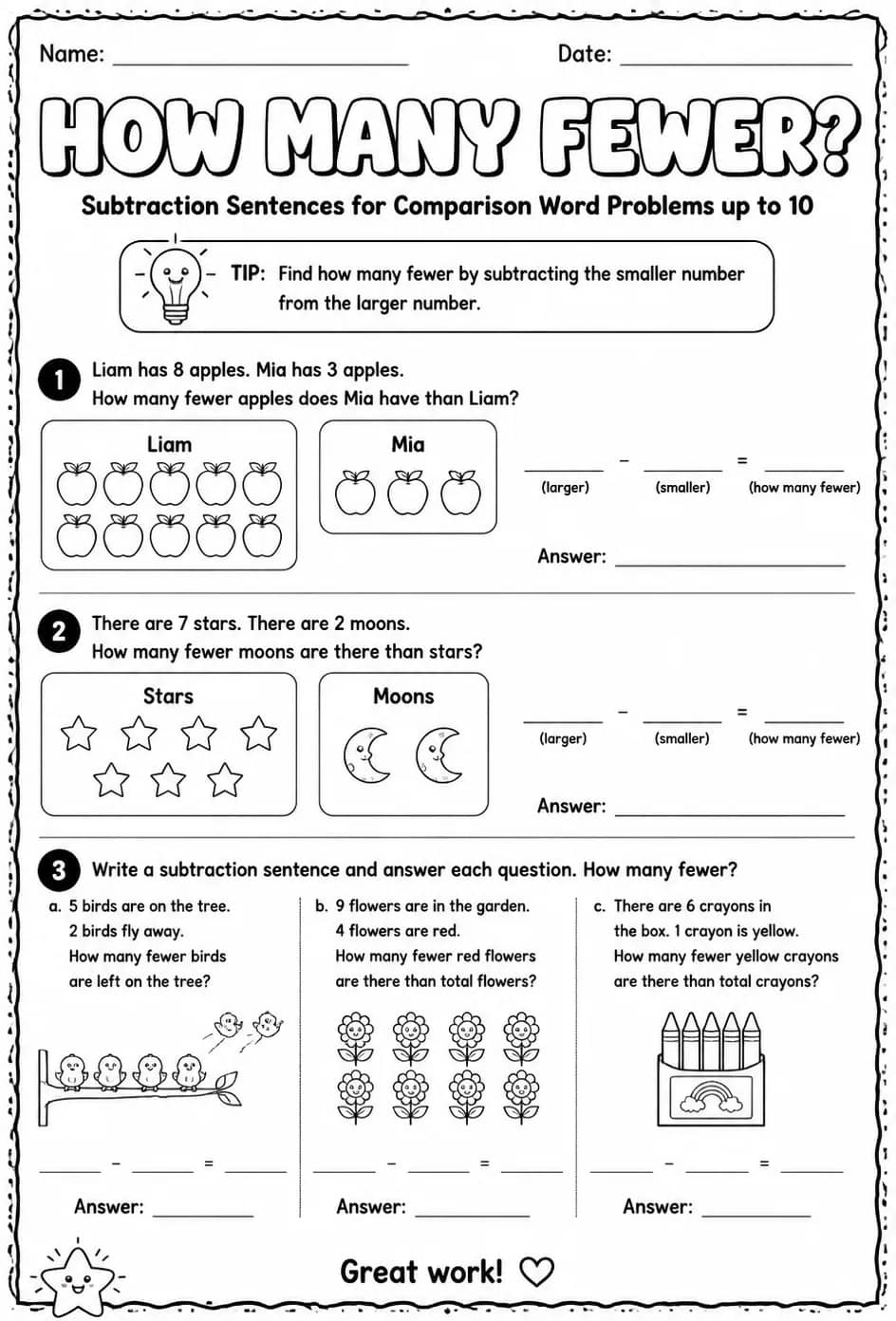 Subtraction sentences for comparison word problems up to 10: how many fewer? — free printable Grade 1 math worksheet
