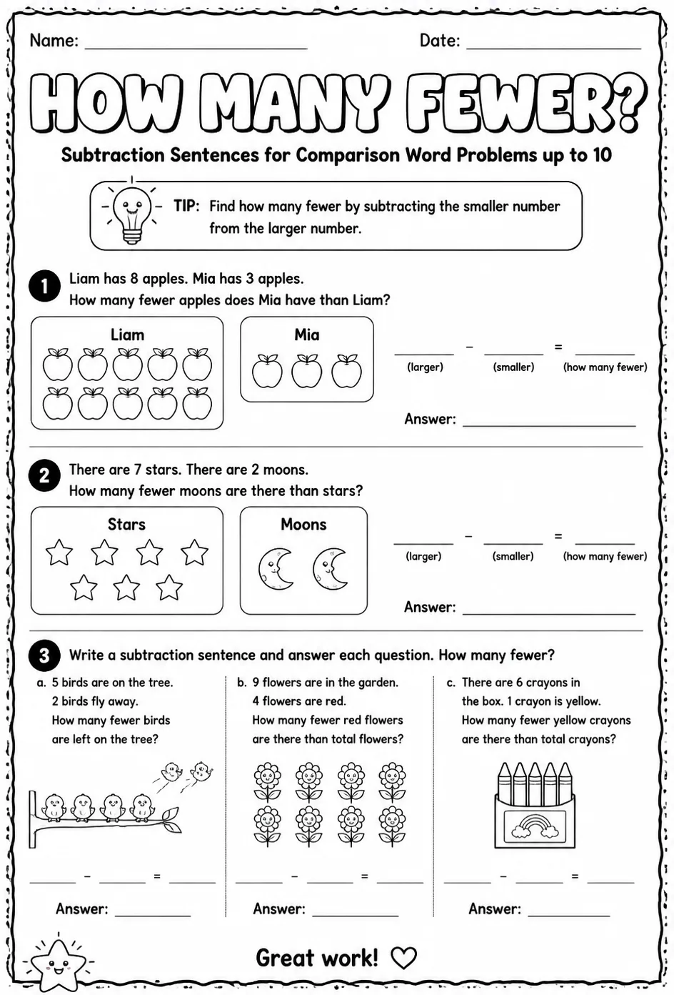 Subtraction sentences for comparison word problems up to 10: how many fewer? — free printable Grade 1 math worksheet