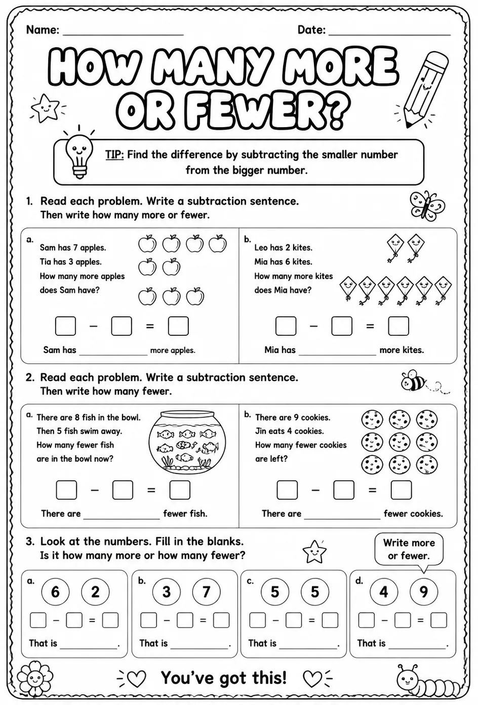 Subtraction sentences for comparison word problems up to 10: how many more or fewer? — free printable Grade 1 math worksheet