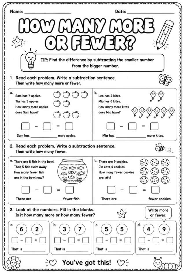 Subtraction sentences for comparison word problems up to 10: how many more or fewer?