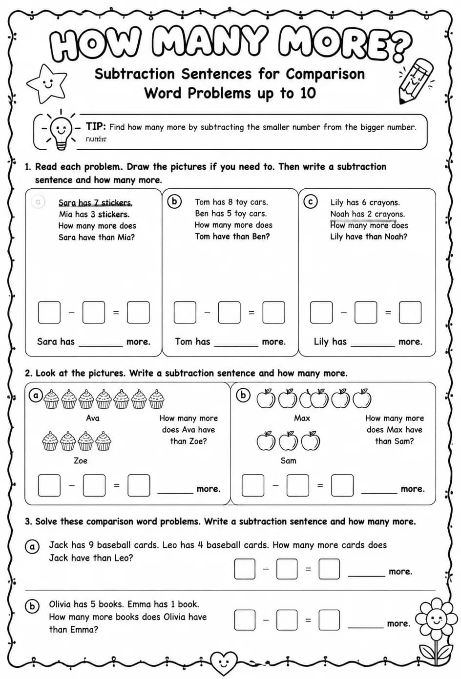 Subtraction sentences for comparison word problems up to 10: how many more? — free printable Grade 1 math worksheet