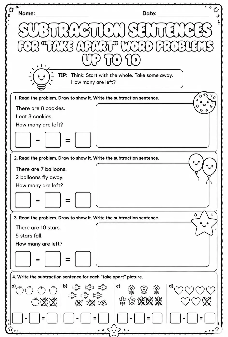 Subtraction sentences for "take apart" word problems - up to 10 — free printable Grade 1 math worksheet
