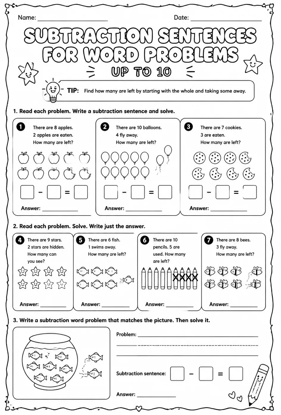 Subtraction sentences for word problems - up to 10 — free printable Grade 1 math worksheet
