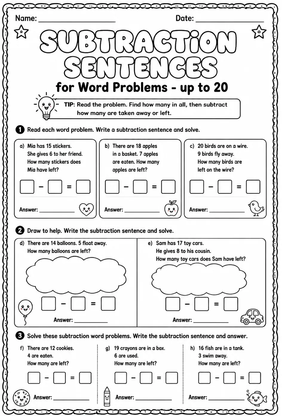 Subtraction sentences for word problems - up to 20 — free printable Grade 1 math worksheet
