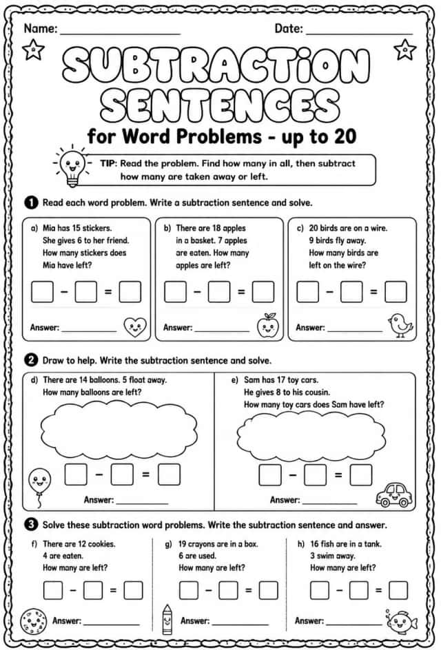 Subtraction sentences for word problems - up to 20
