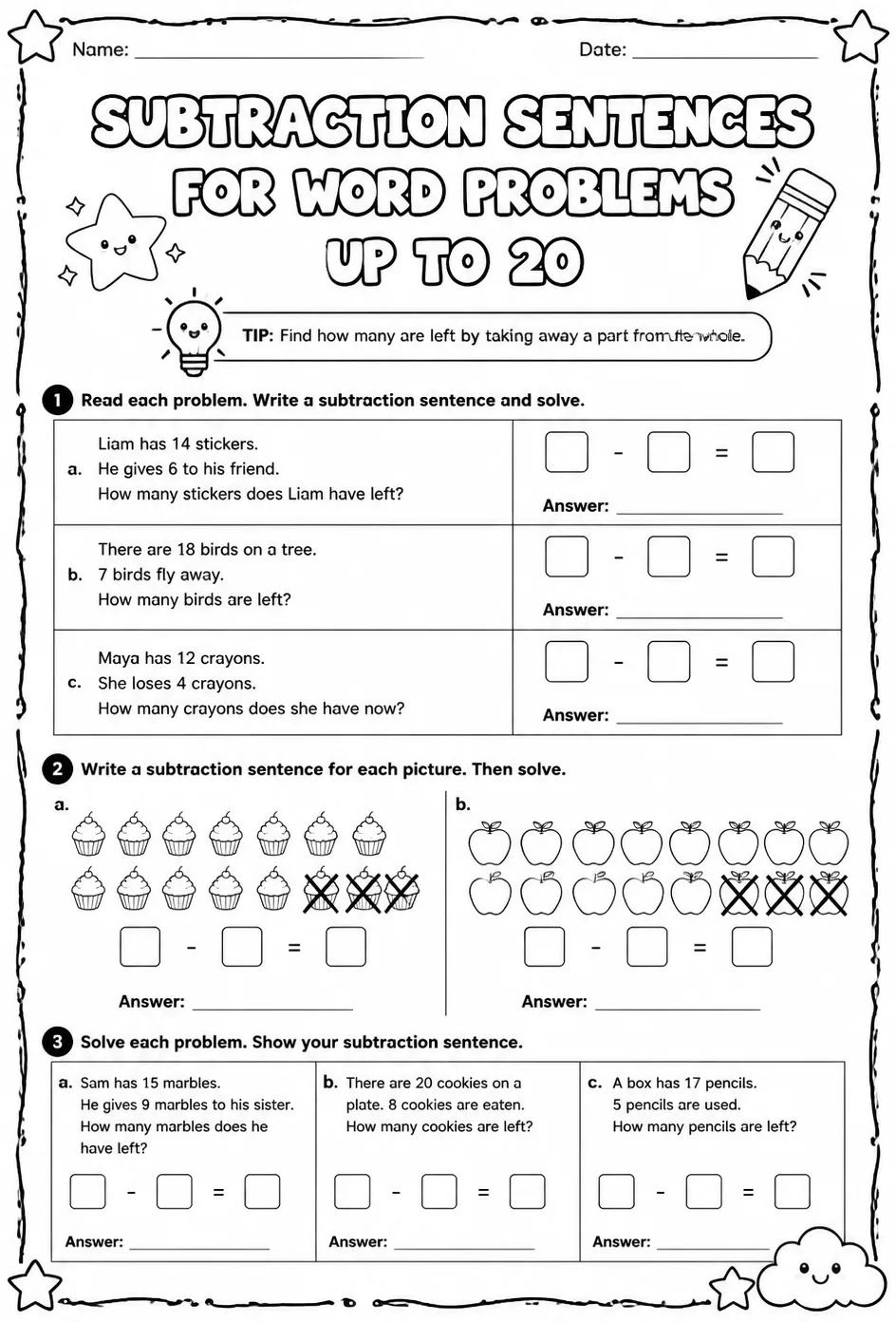 Subtraction sentences for word problems - up to 20 — free printable Grade 2 math worksheet
