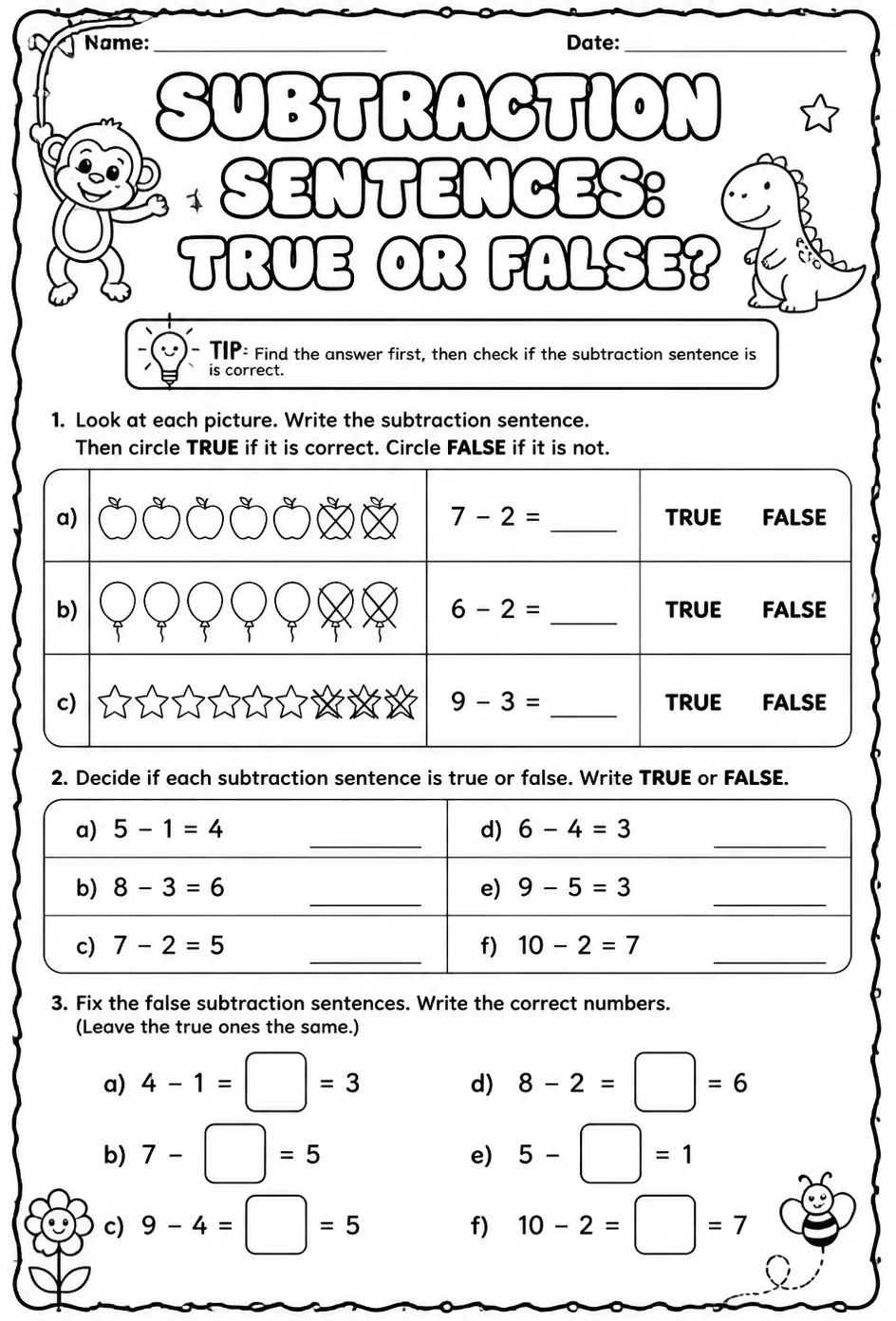 Subtraction sentences: true or false? — free printable Grade 1 math worksheet