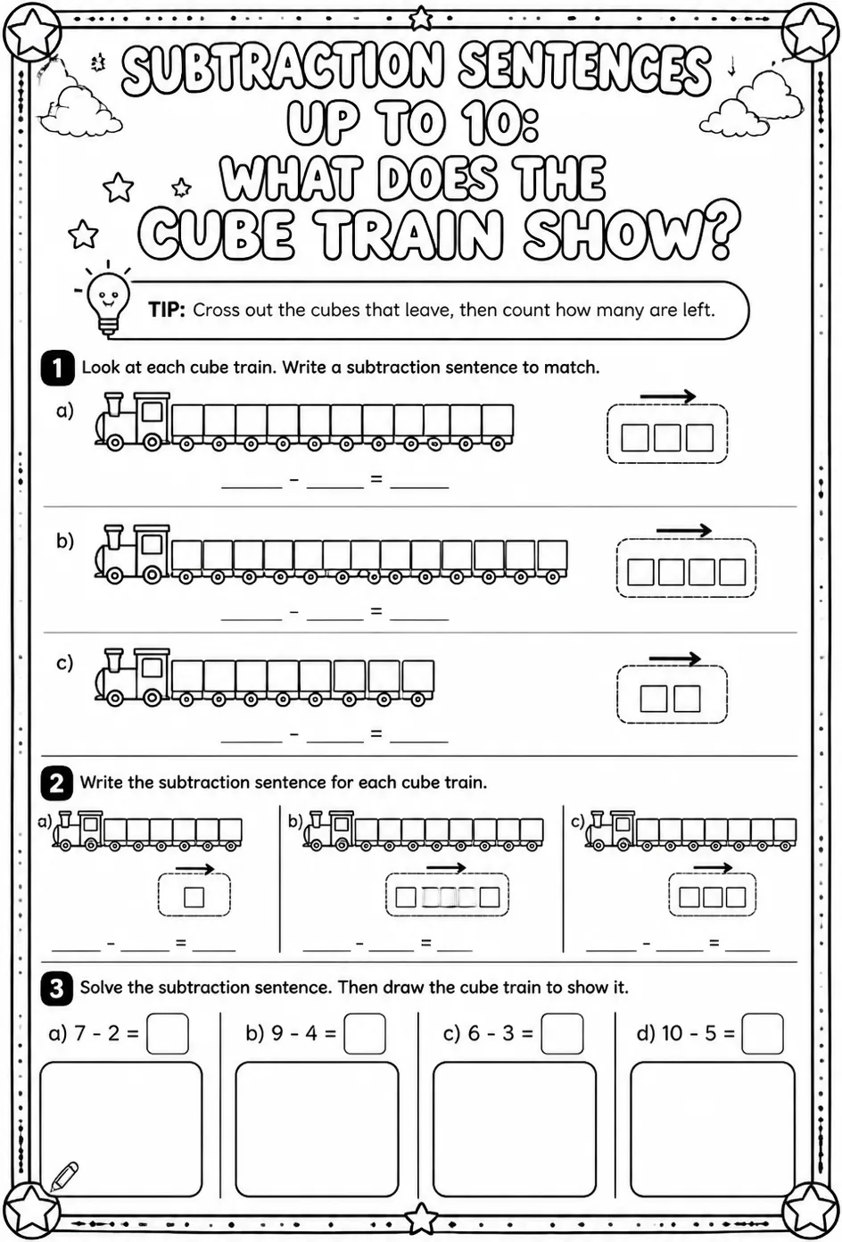Subtraction sentences up to 10: what does the cube train show? — free printable Grade 1 math worksheet