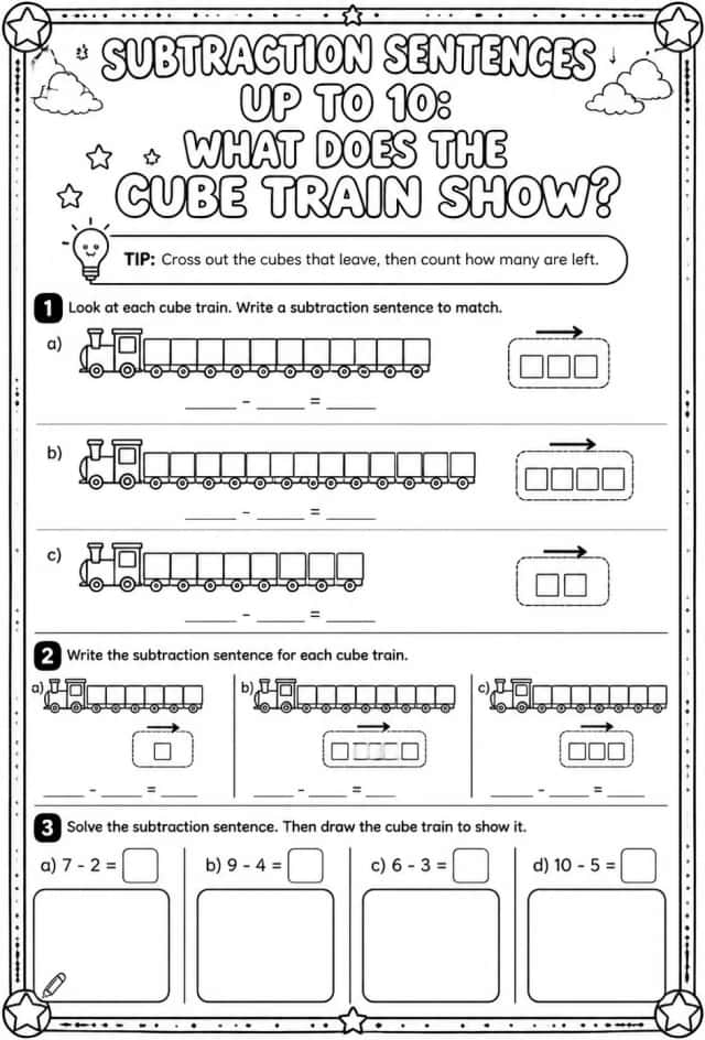 Subtraction sentences up to 10: what does the cube train show?
