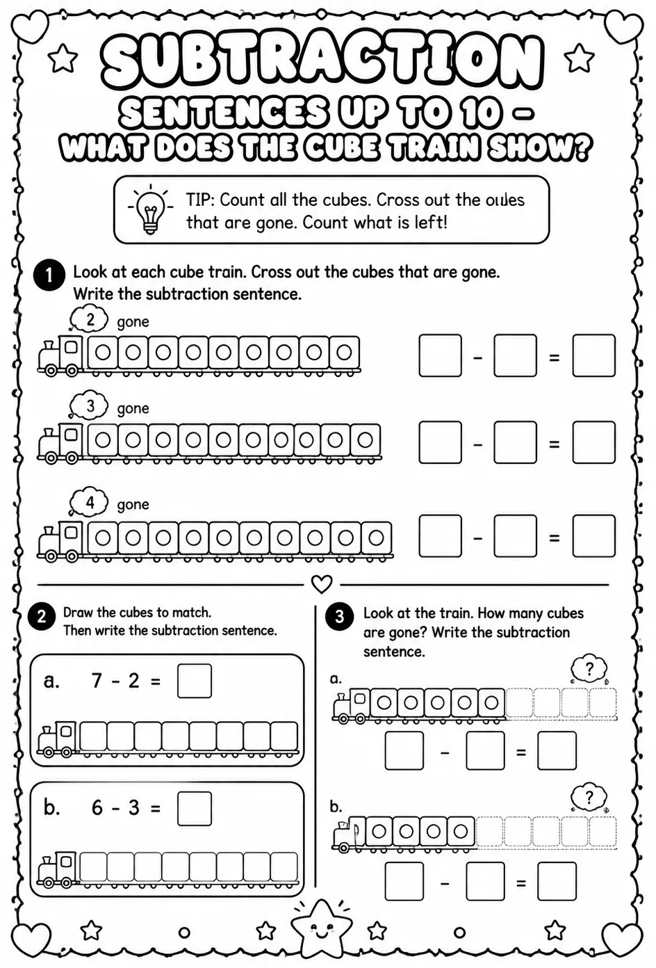 Subtraction sentences up to 10 - what does the cube train show? — free printable Pre-K math worksheet