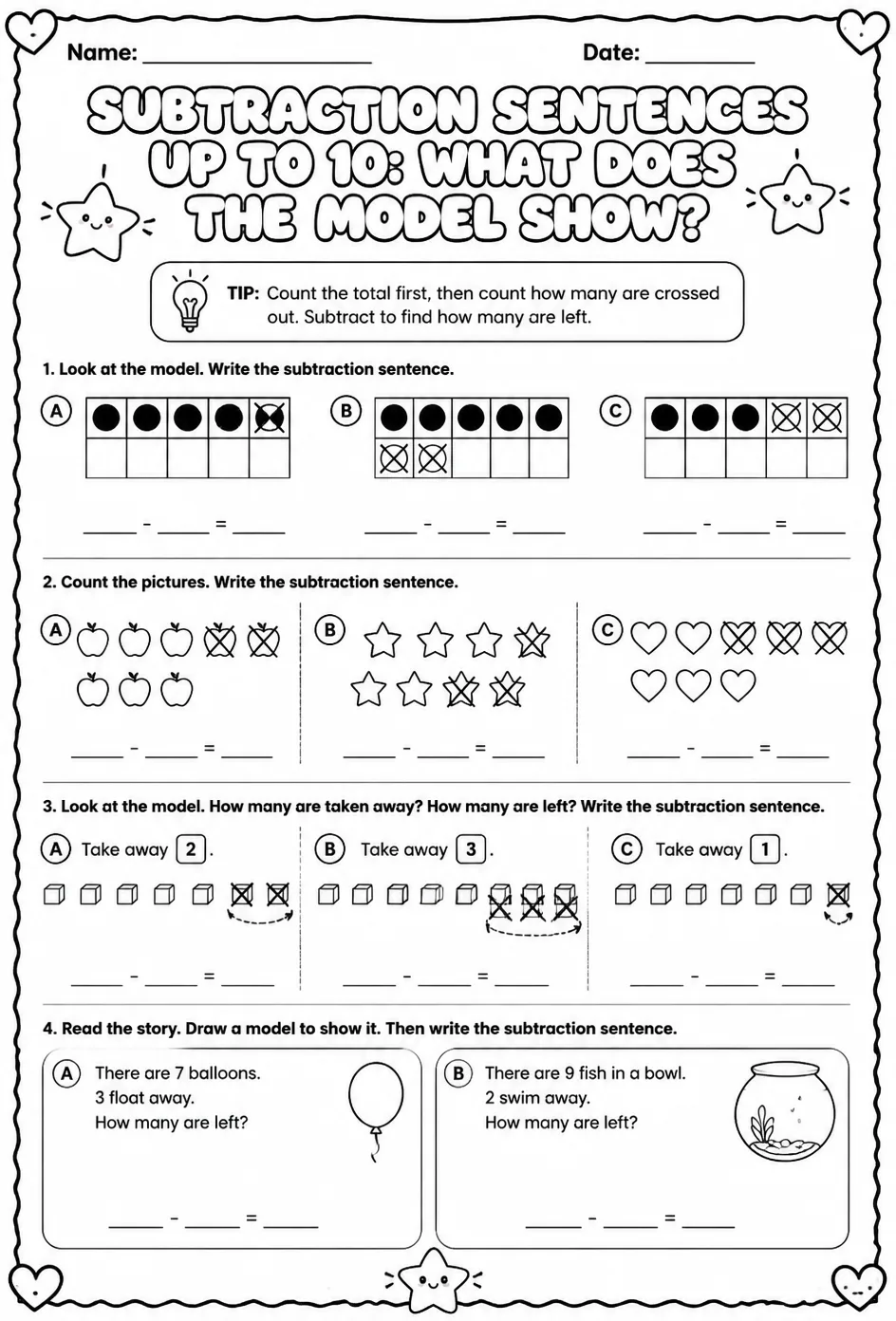 Subtraction sentences up to 10: what does the model show? — free printable Grade 1 math worksheet