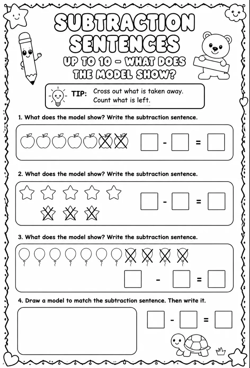 Subtraction sentences up to 10 - what does the model show? — free printable Pre-K math worksheet