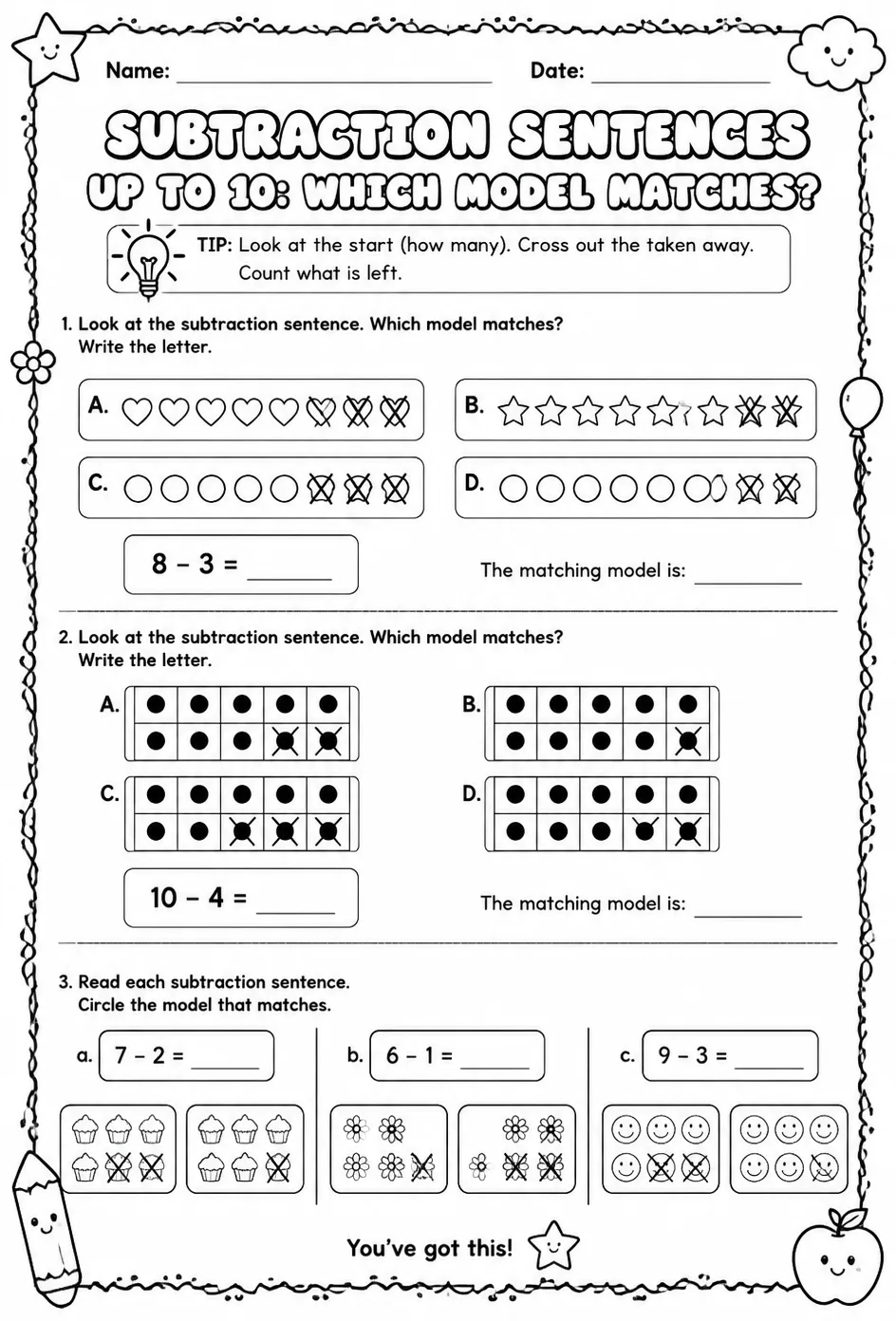 Subtraction sentences up to 10: which model matches? — free printable Grade 1 math worksheet