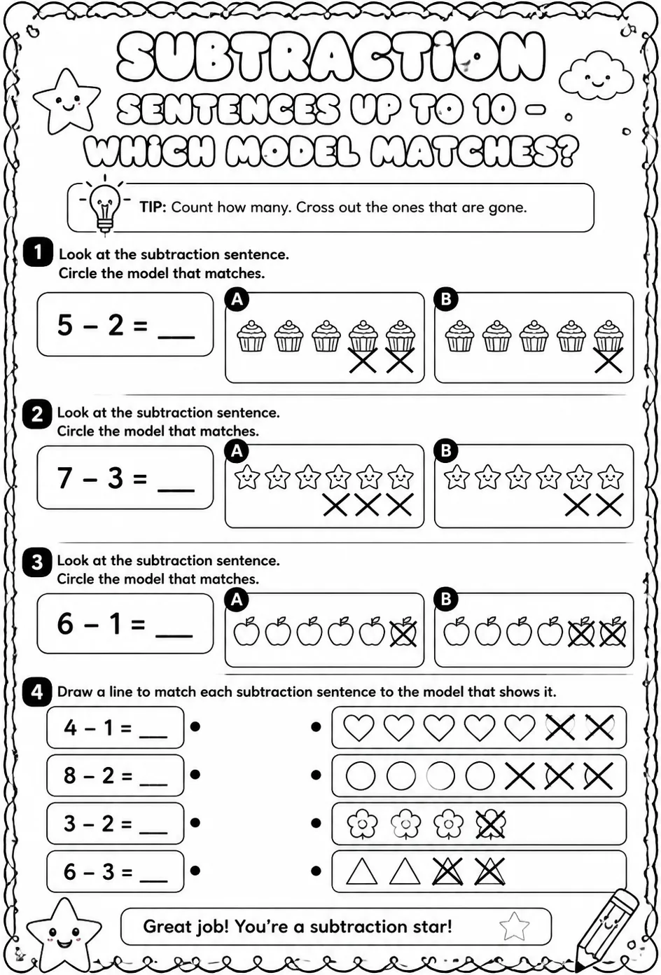 Subtraction sentences up to 10 - which model matches? — free printable Pre-K math worksheet
