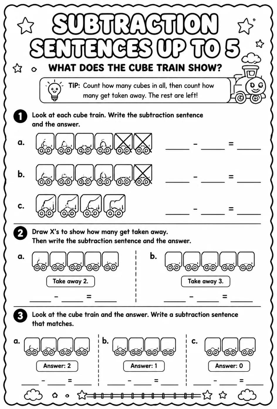 Subtraction sentences up to 5 - what does the cube train show? — free printable Pre-K math worksheet