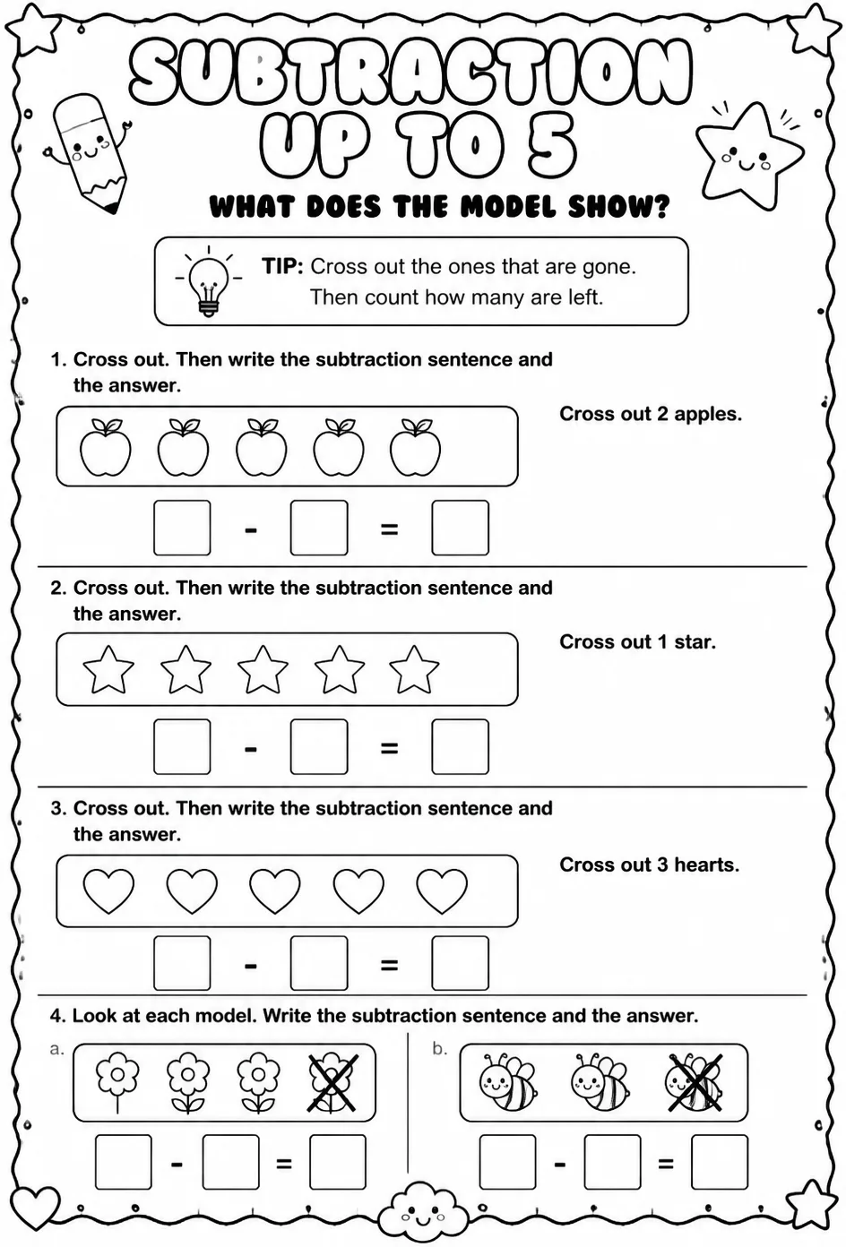 Subtraction sentences up to 5 - what does the model show? — free printable Pre-K math worksheet