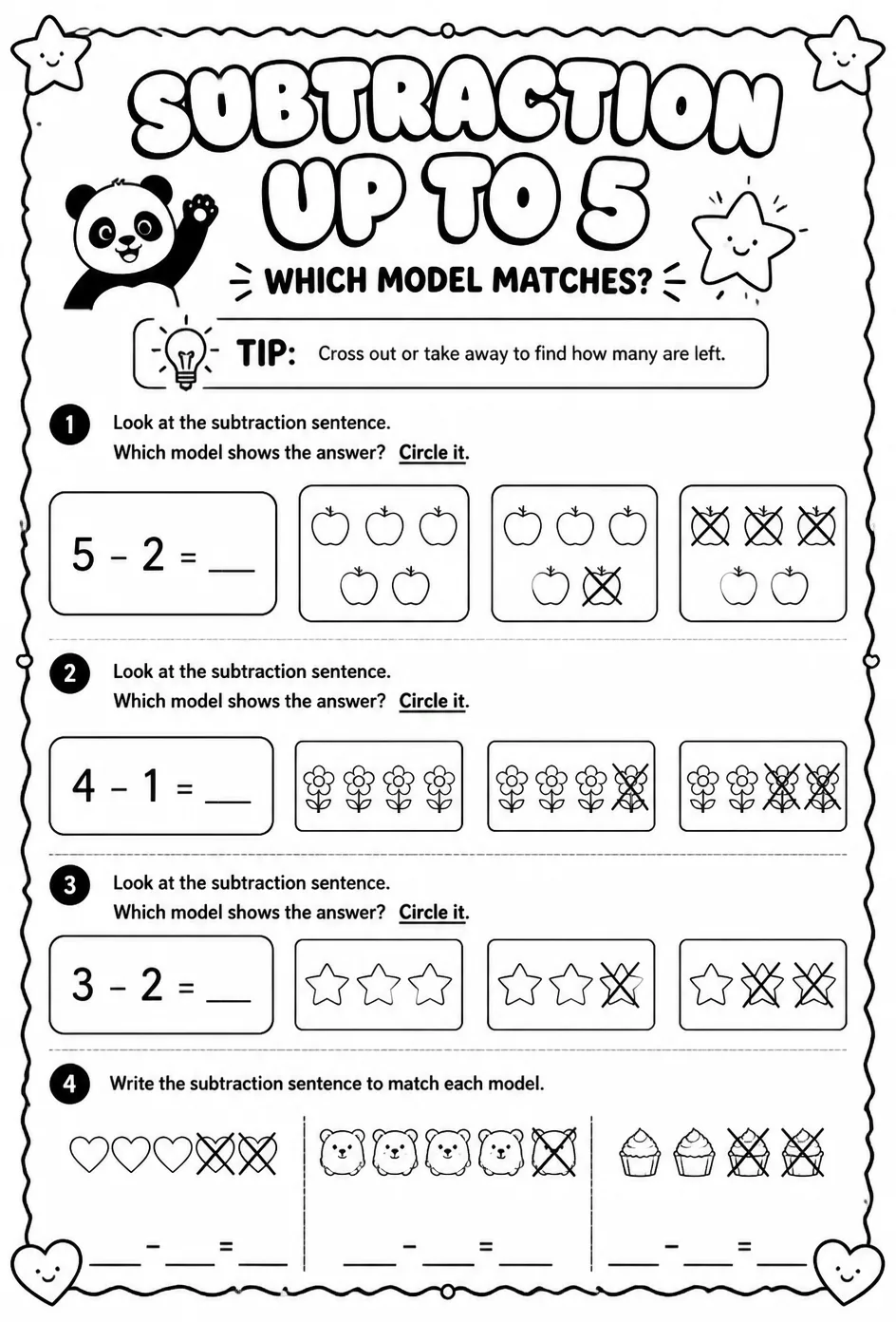 Subtraction sentences up to 5 - which model matches? — free printable Pre-K math worksheet