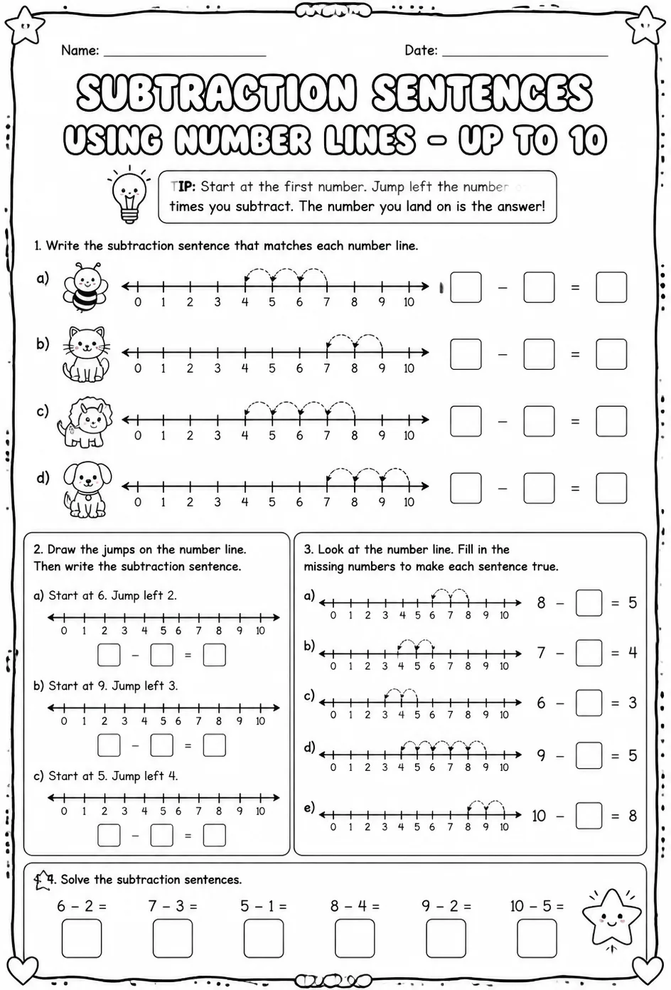 Subtraction sentences using number lines - up to 10 — free printable Grade 1 math worksheet