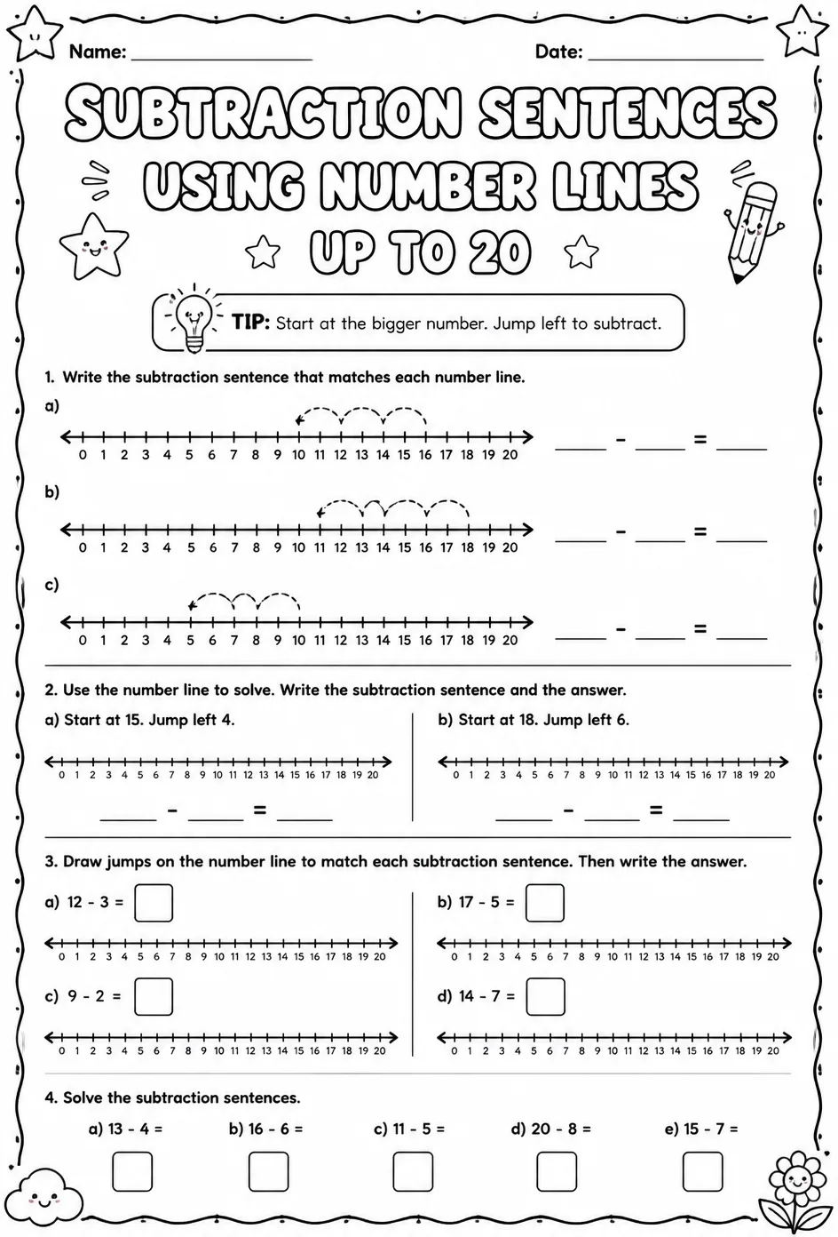 Subtraction sentences using number lines - up to 20 — free printable Grade 1 math worksheet