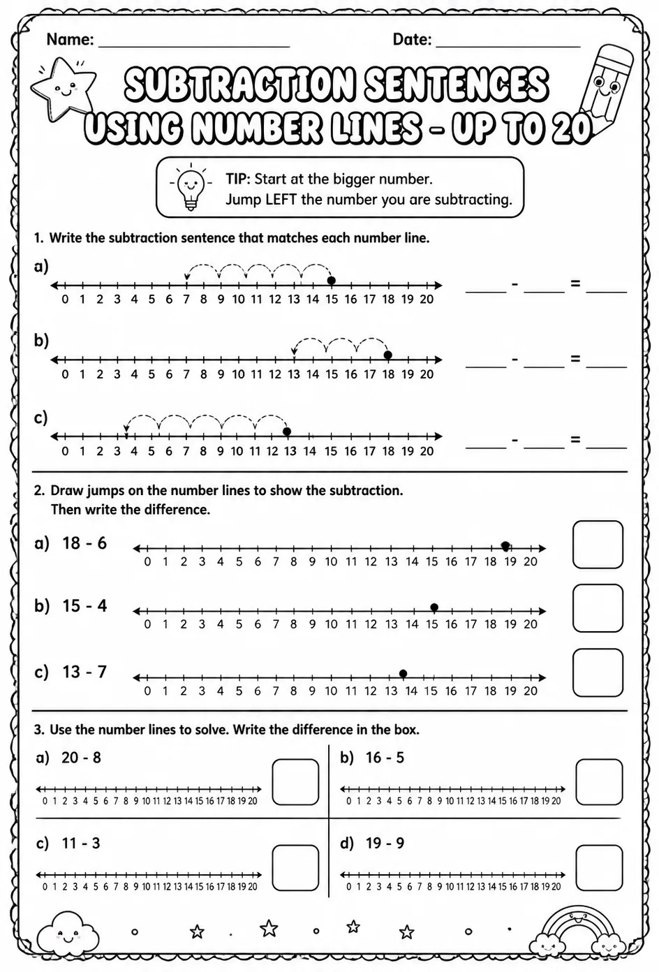 Subtraction sentences using number lines - up to 20 — free printable Grade 2 math worksheet