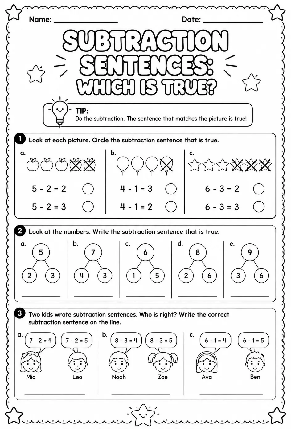 Subtraction sentences: which is true? — free printable Grade 1 math worksheet