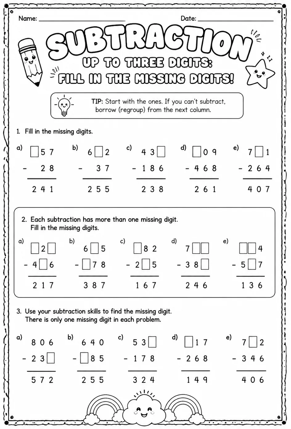 Subtraction up to three digits: fill in the missing digits — free printable Grade 3 math worksheet