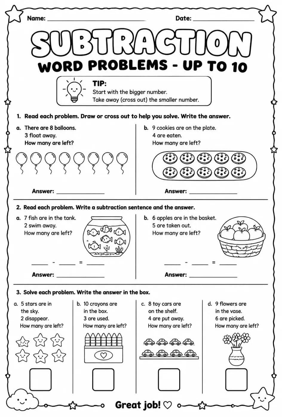 Subtraction word problems - up to 10 — free printable Grade 1 math worksheet