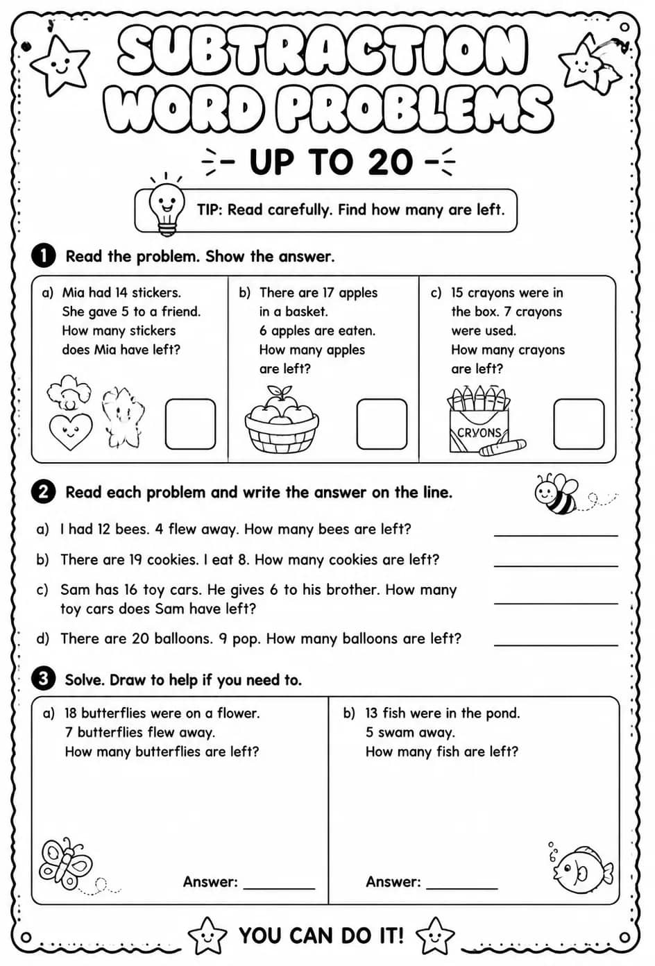 Subtraction word problems - up to 20 — free printable Grade 1 math worksheet