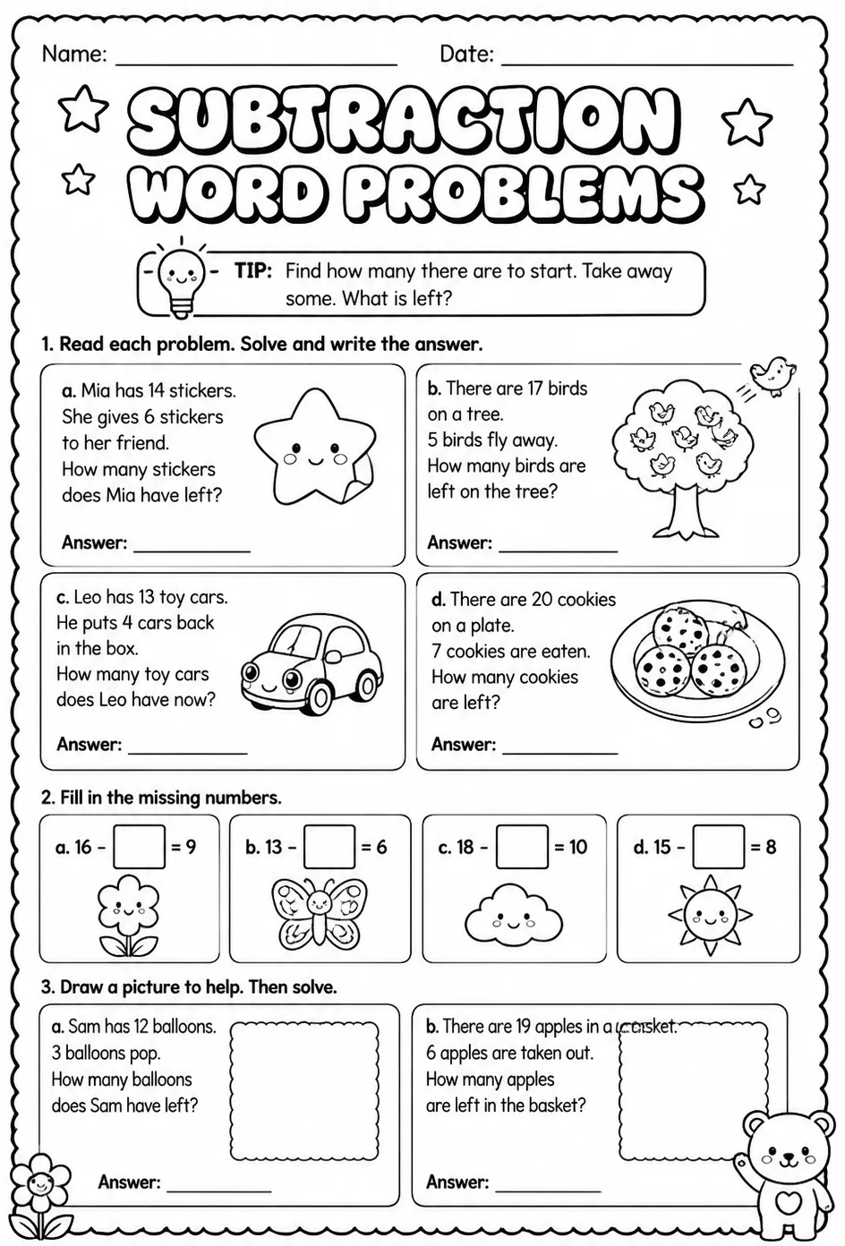 Subtraction word problems - up to 20 — free printable Grade 2 math worksheet