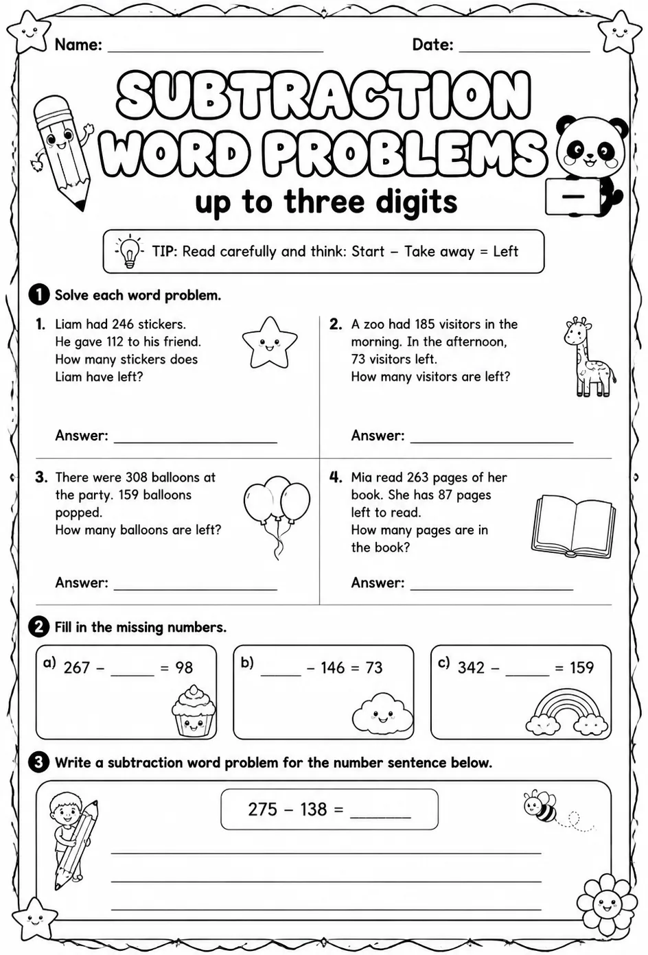Subtraction word problems - up to three digits — free printable Grade 2 math worksheet
