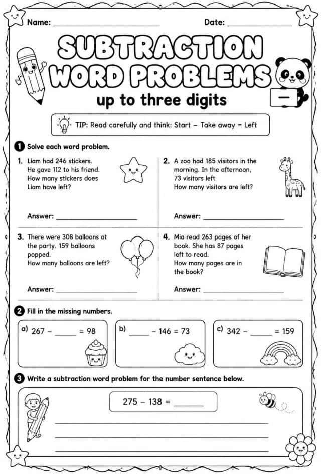 Subtraction word problems - up to three digits