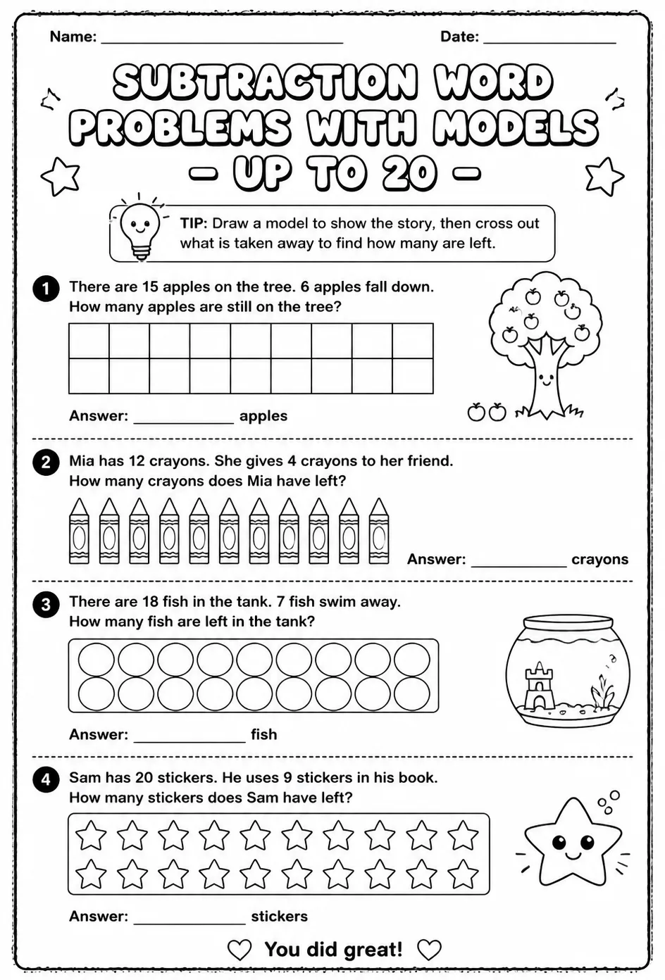 Subtraction word problems with models - up to 20 — free printable Grade 1 math worksheet
