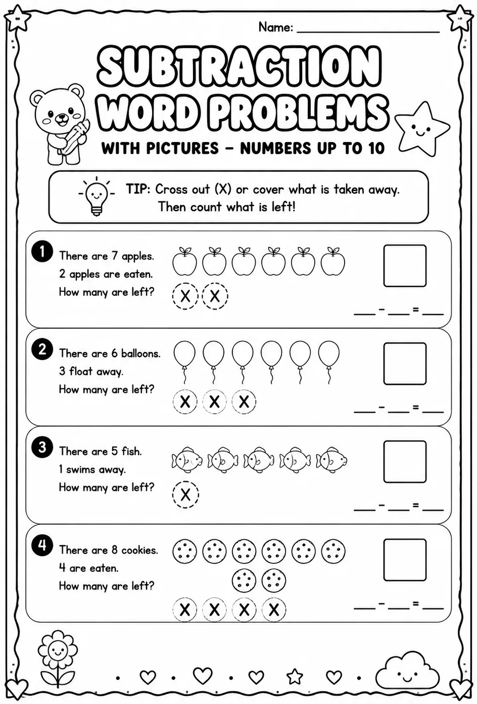 Subtraction word problems with pictures - numbers up to 10 — free printable Pre-K math worksheet