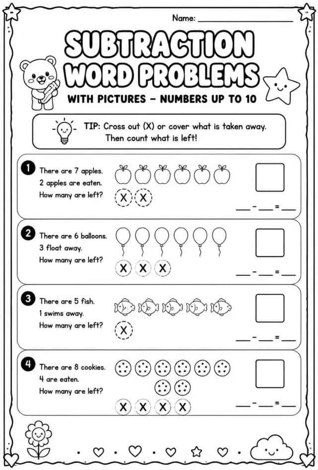 Subtraction word problems with pictures - numbers up to 10