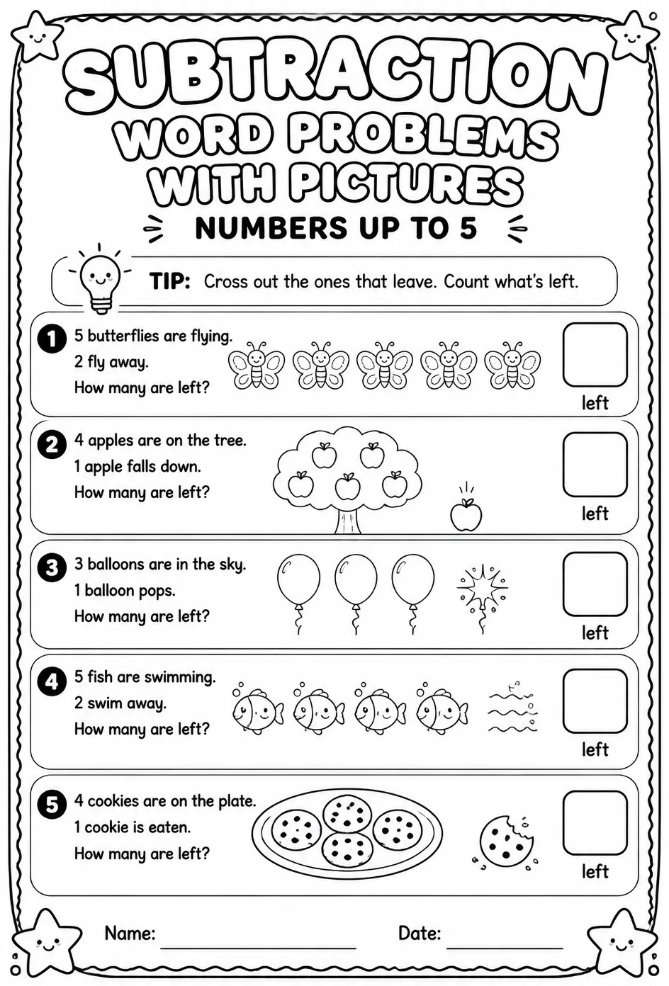Subtraction word problems with pictures - numbers up to 5 — free printable Pre-K math worksheet