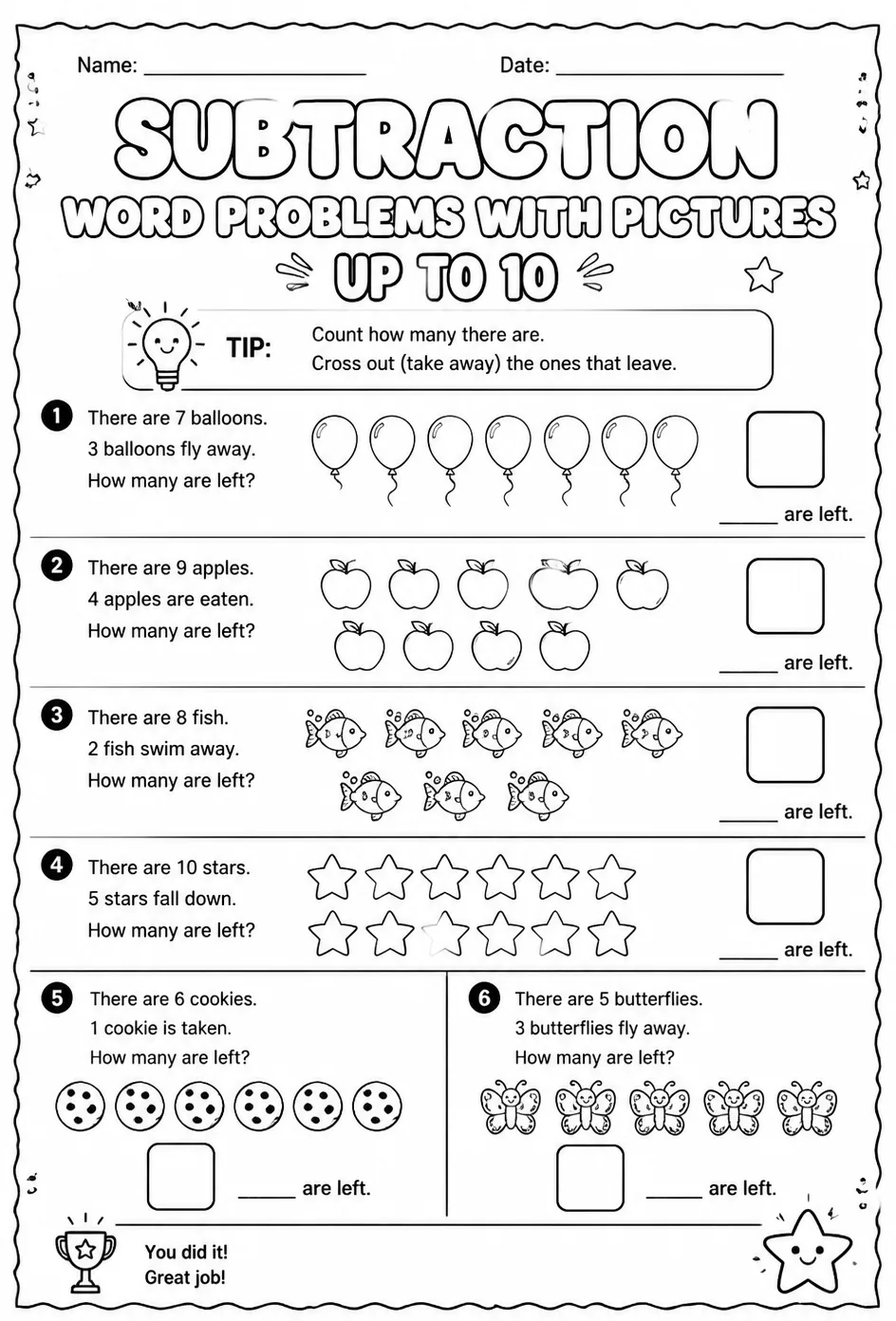 Subtraction word problems with pictures - up to 10 — free printable Grade 1 math worksheet