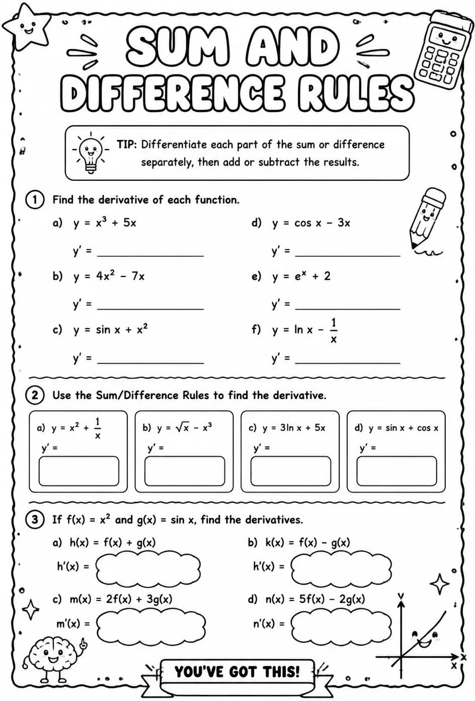 Sum and difference rules — free printable Calculus math worksheet