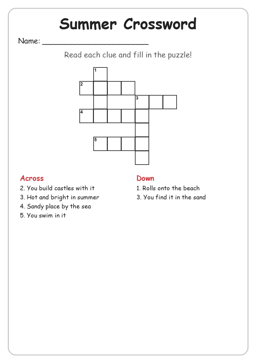 Summer crossword worksheet for Grade 2