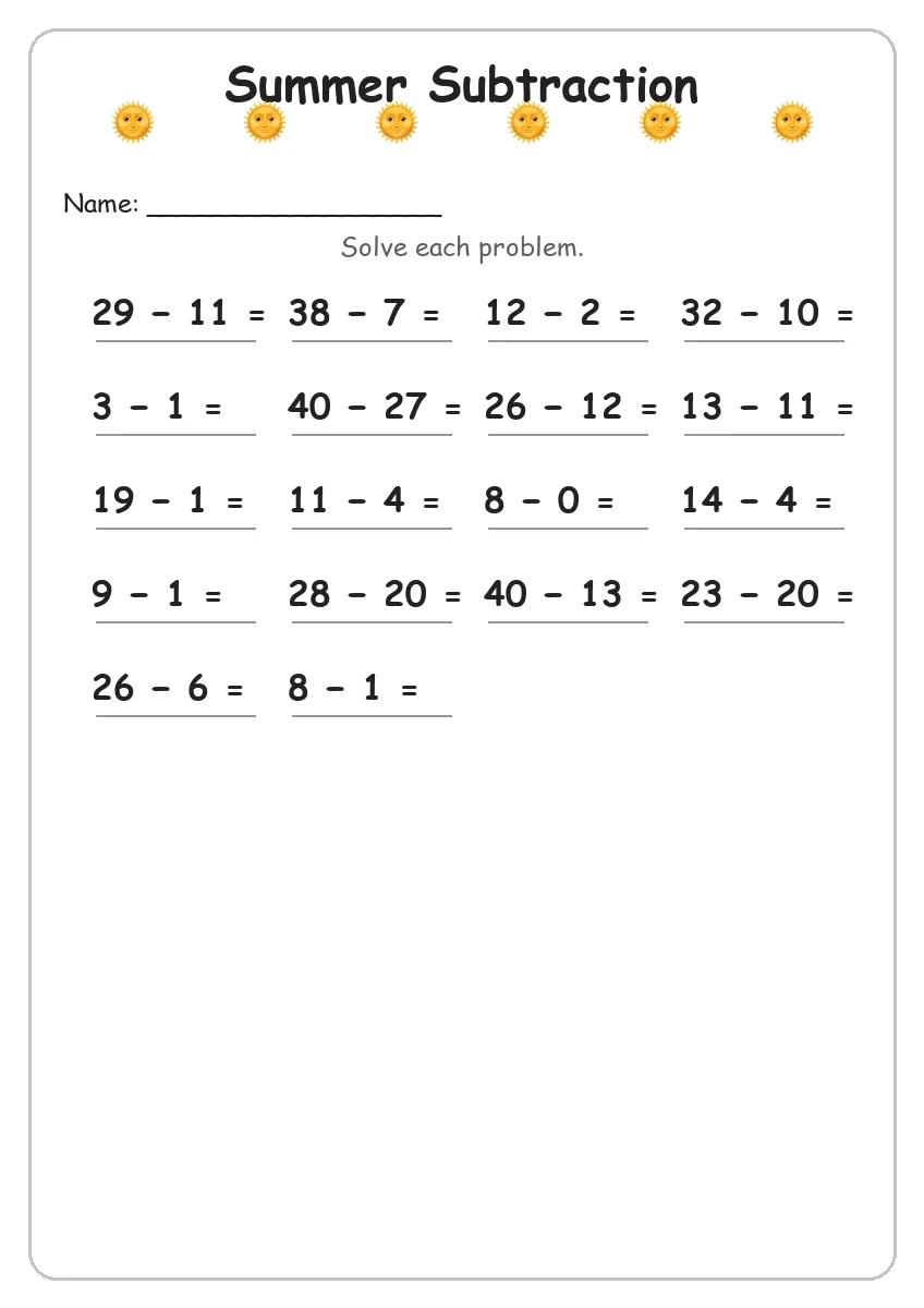 Summer Subtraction (Grade 2)