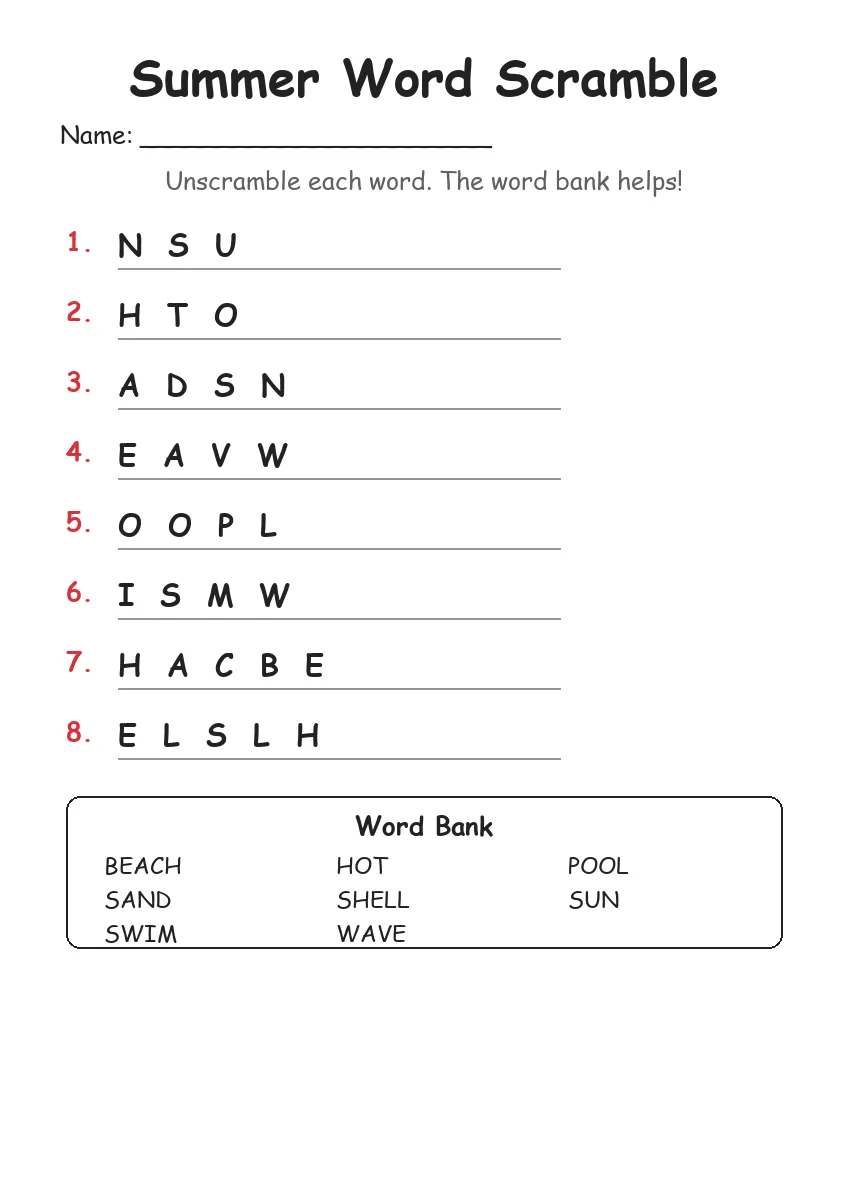 Summer Word Scramble (Grade 1)