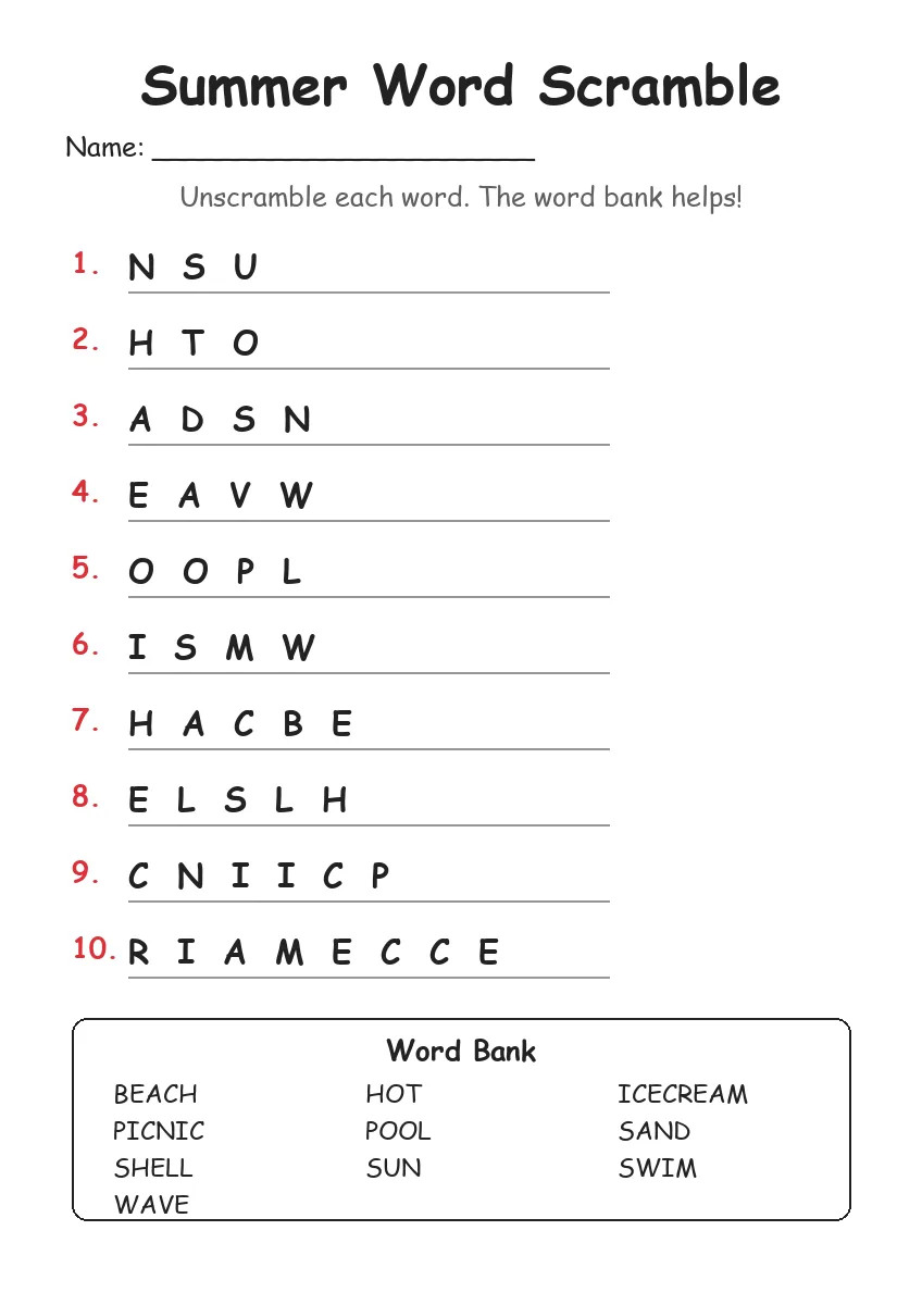 Summer word scramble worksheet for Grade 2