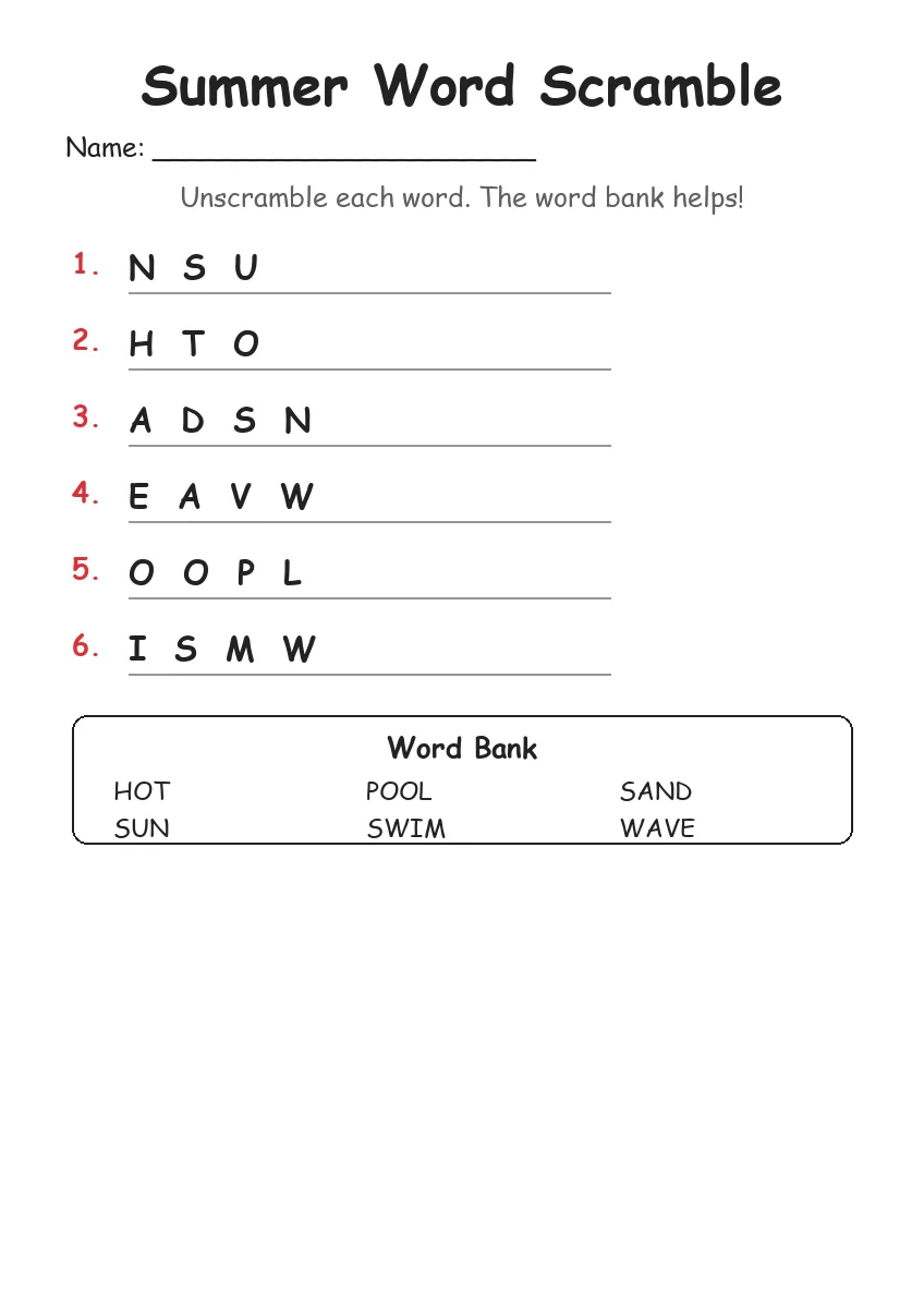 Summer word scramble worksheet for Kindergarten