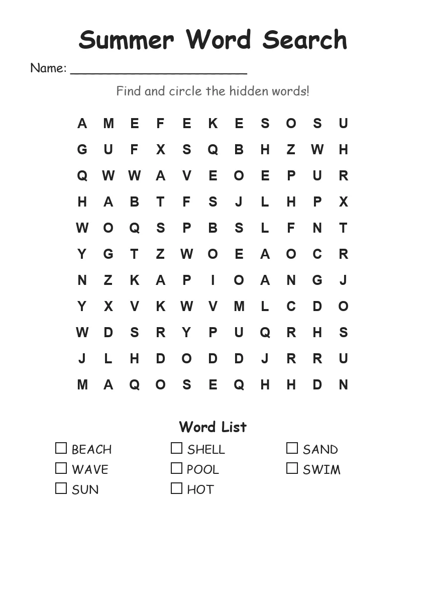 Summer Word Search (Grade 1)
