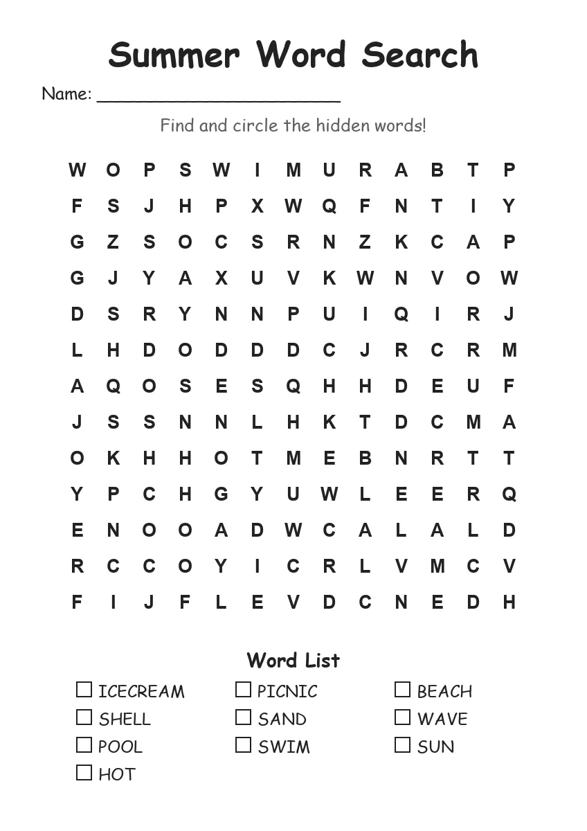 Summer word search worksheet for Grade 2