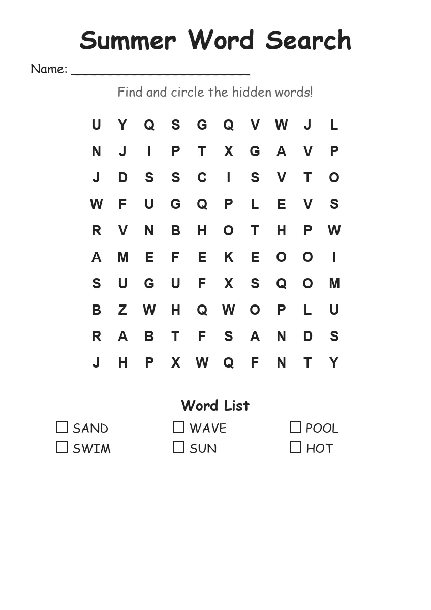 Summer word search worksheet for Kindergarten