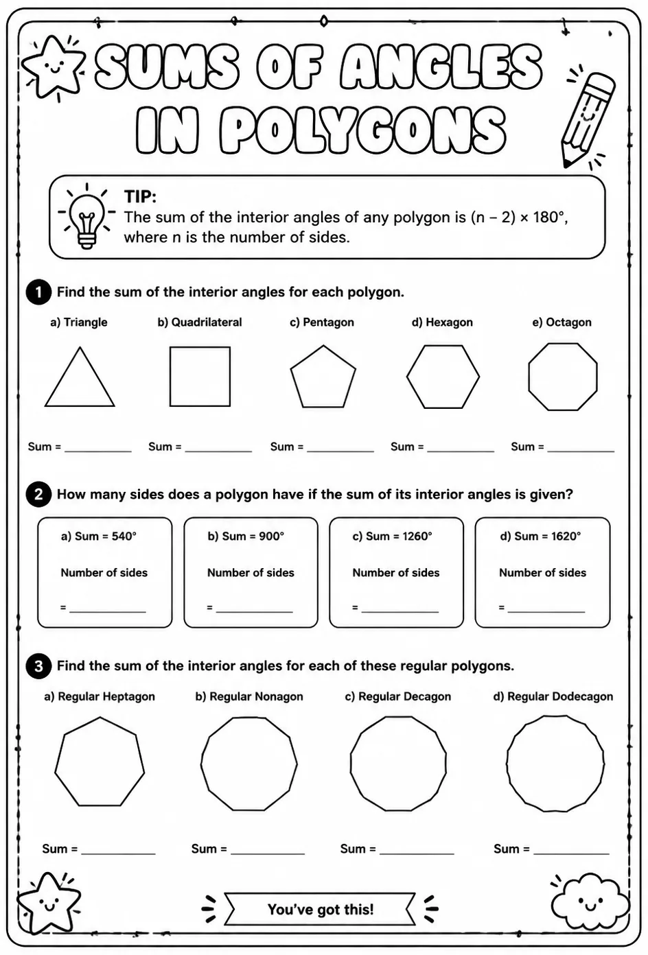 Sums of angles in polygons — free printable Grade 6 math worksheet