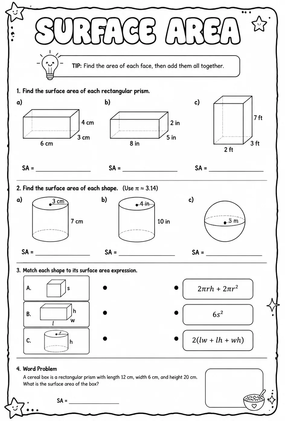Surface area — free printable Algebra 1 math worksheet