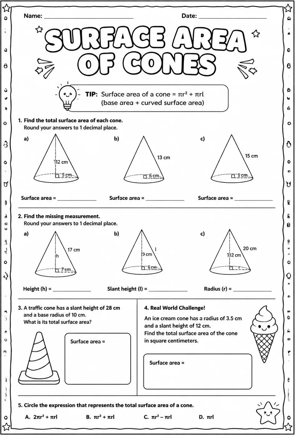 Surface area of cones — free printable Grade 8 math worksheet