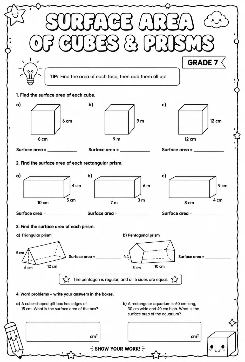 Surface area of cubes and prisms — free printable Grade 7 math worksheet