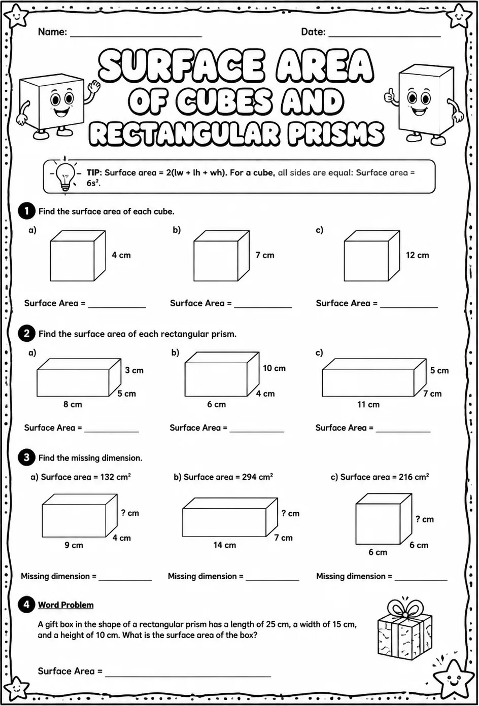 Surface area of cubes and rectangular prisms — free printable Grade 6 math worksheet